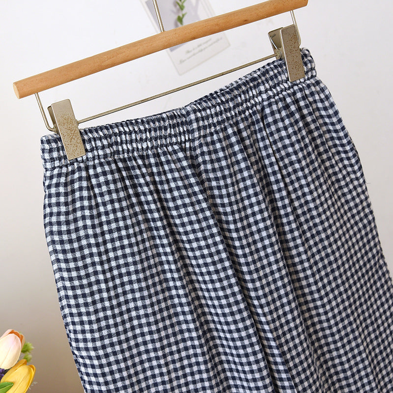 Gingham Cotton Lounge Pants With Elastic Waist - Navy - 5
