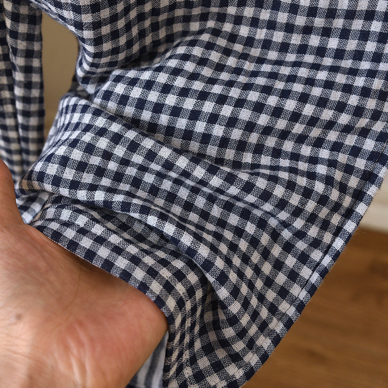 Gingham Cotton Lounge Pants With Elastic Waist - Navy - 9