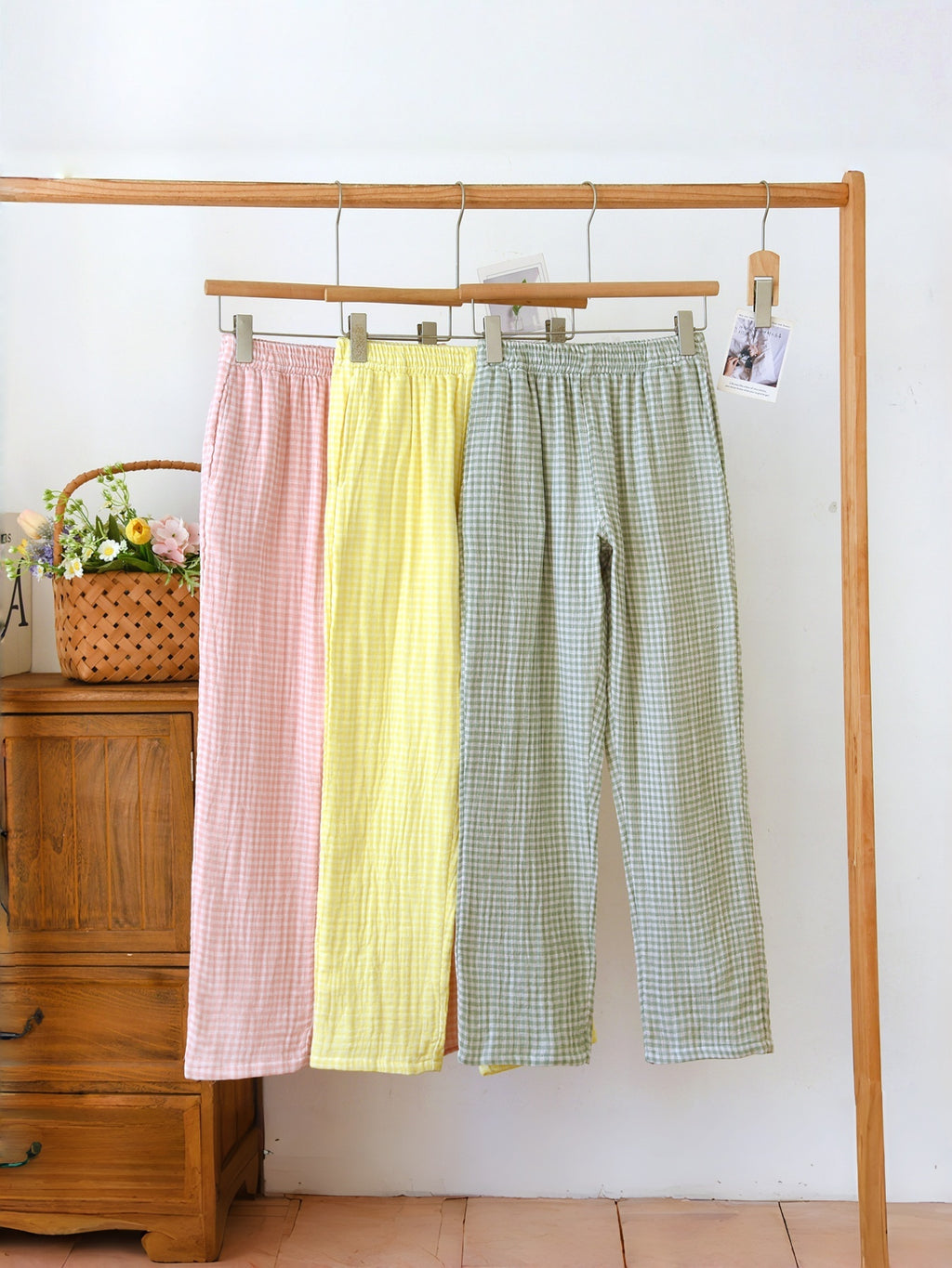 Gingham Cotton Lounge Pants With Elastic Waist - Pink