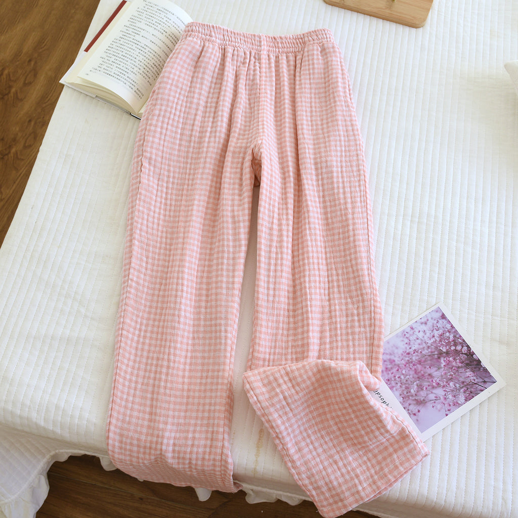 Gingham Cotton Lounge Pants With Elastic Waist - Pink - 1
