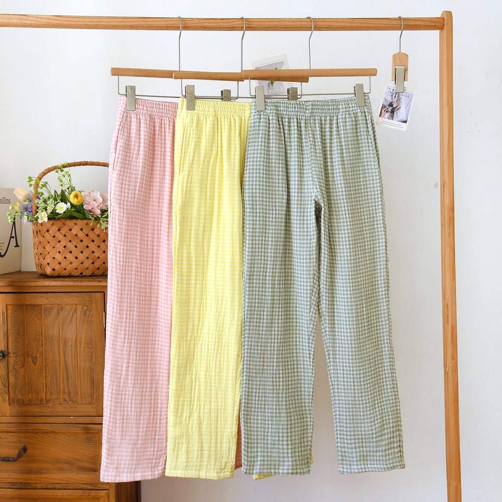 Gingham Cotton Lounge Pants With Elastic Waist - Pink - 2