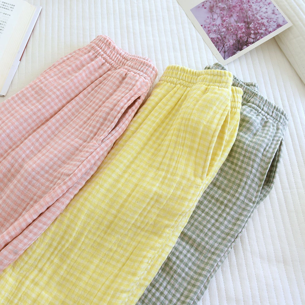 Gingham Cotton Lounge Pants With Elastic Waist - Pink - 4