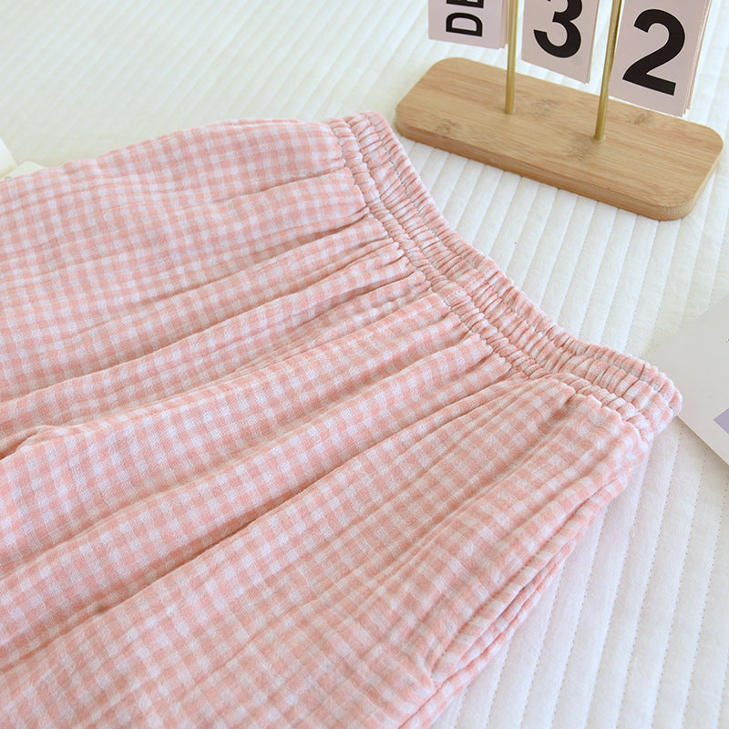 Gingham Cotton Lounge Pants With Elastic Waist - Pink - 6