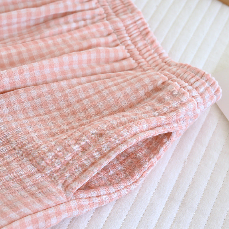 Gingham Cotton Lounge Pants With Elastic Waist - Pink - 7