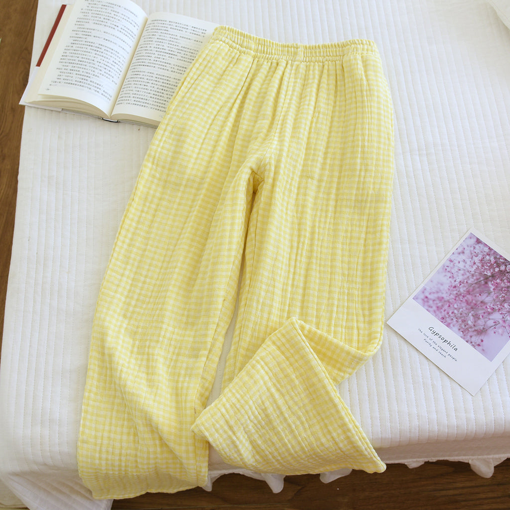 Gingham Cotton Lounge Pants With Elastic Waist - Yellow