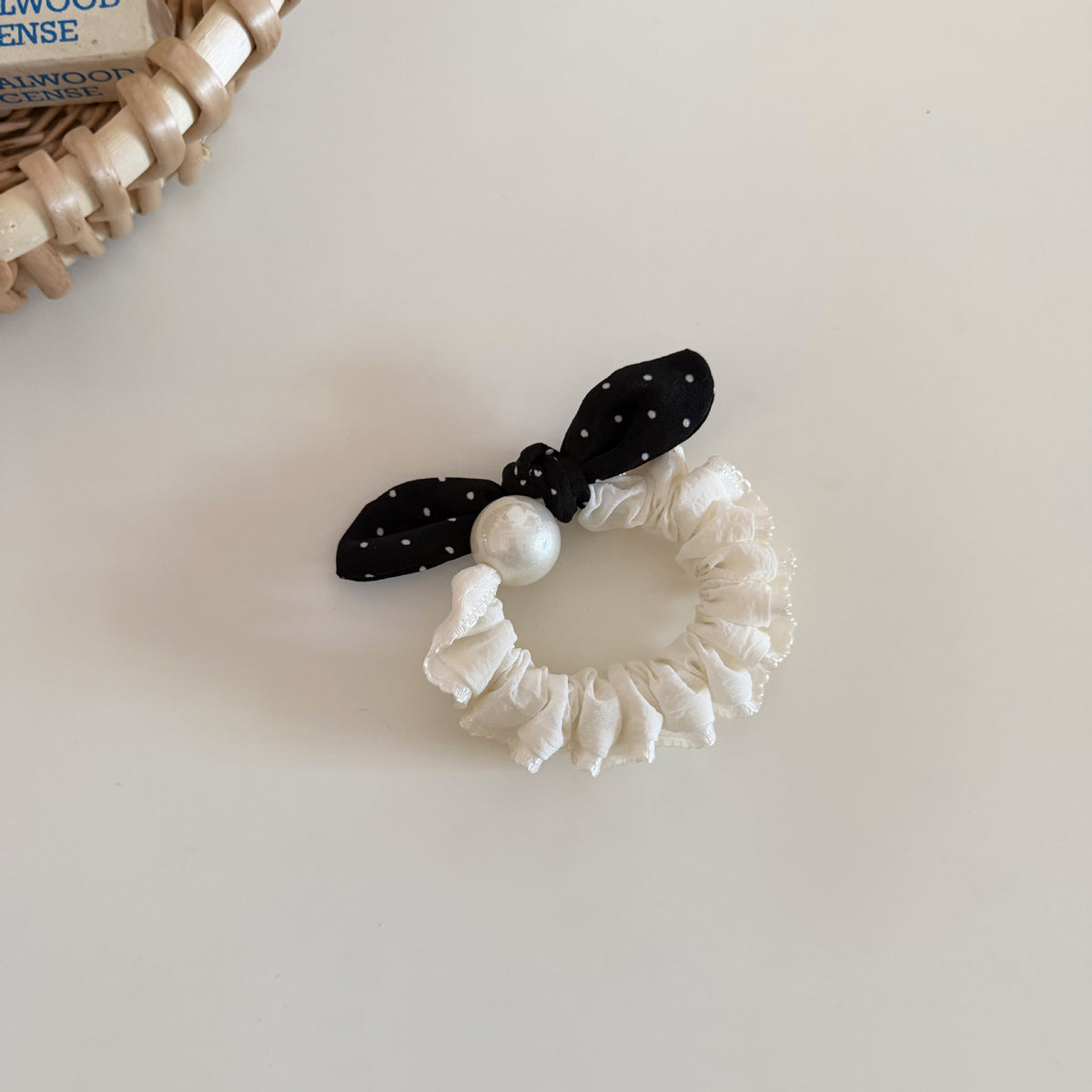 Faux Pearl Dotted Bow Hair Scrunchie - Black