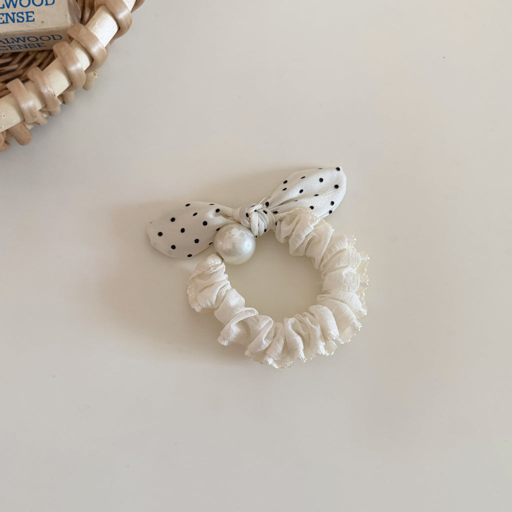Faux Pearl Dotted Bow Hair Scrunchie - White