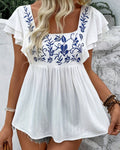Floral Embroidered Square Neck Babydoll Shirt - White