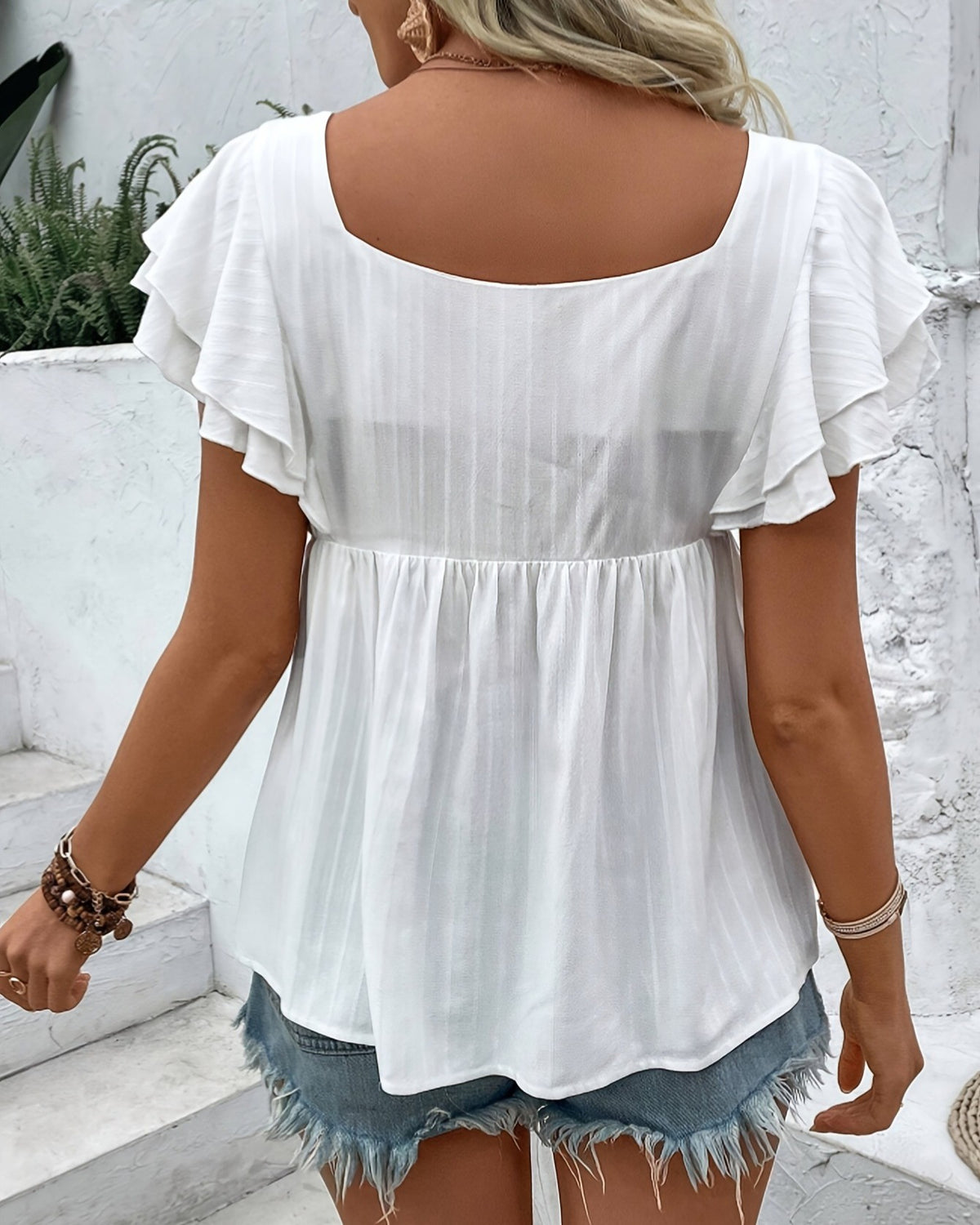 Floral Embroidered Square Neck Babydoll Shirt - White - 3