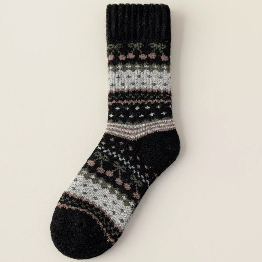 Fair Isle Knit Crew Socks With Bow Motifs - Black