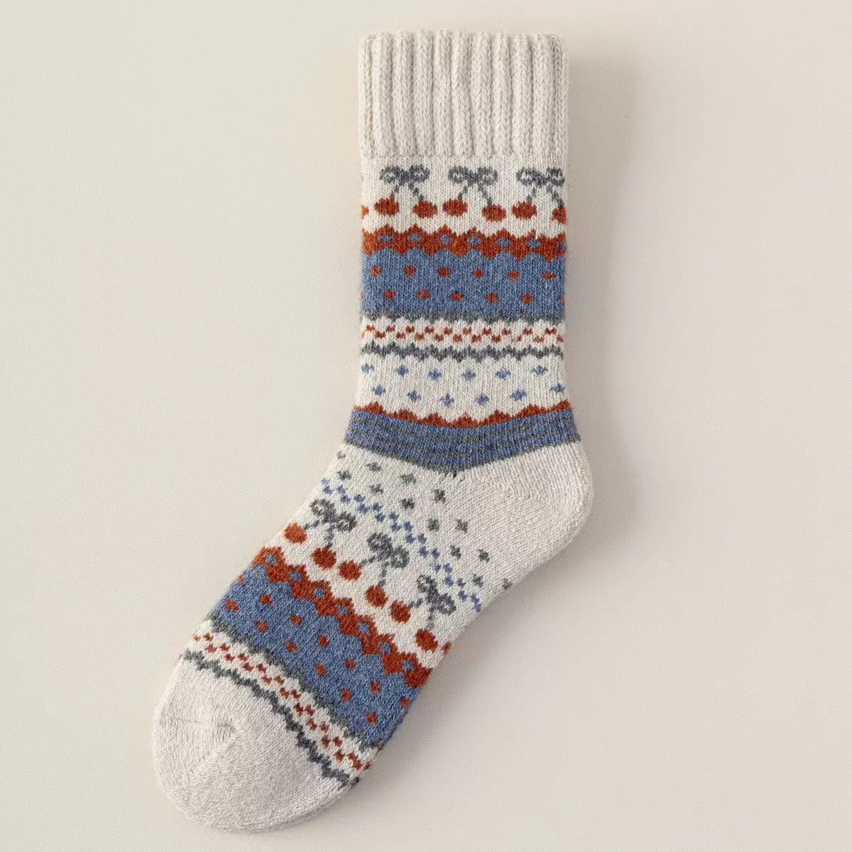 Fair Isle Knit Crew Socks With Bow Motifs - Off_White