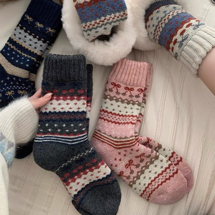 Fair Isle Knit Crew Socks With Bow Motifs