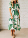 Green Floral Puff Sleeve Tiered Midi Dress - Green