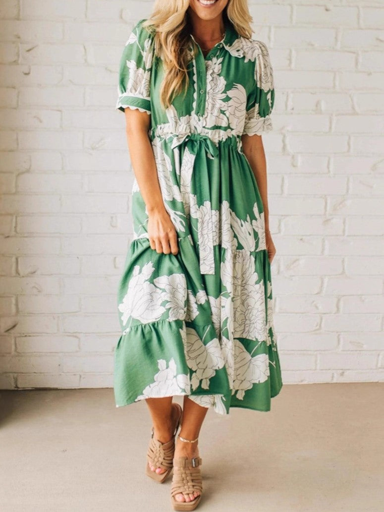 Green Floral Puff Sleeve Tiered Midi Dress - Green