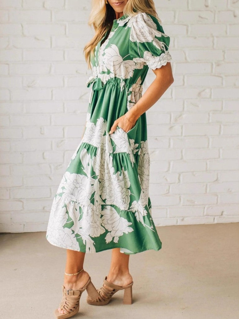 Green Floral Puff Sleeve Tiered Midi Dress - Green - 1