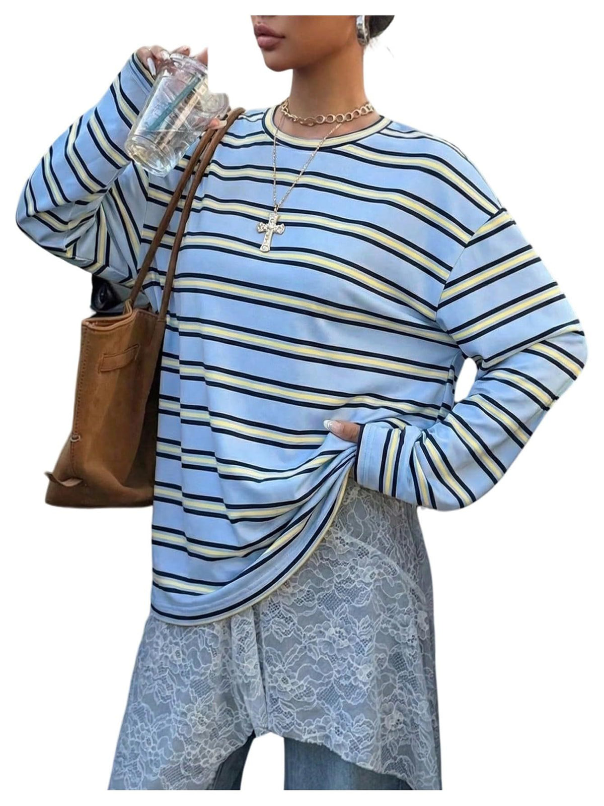 Retro Multi-Stripe Drop-Shoulder Long-Sleeve Top - Blue