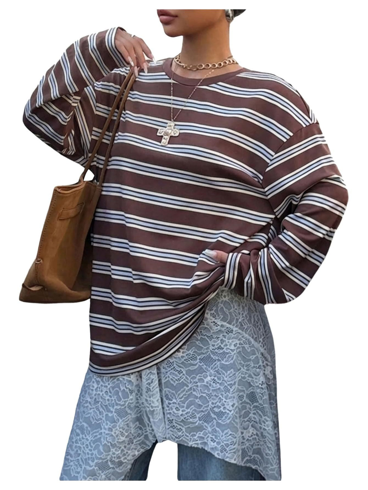 Retro Multi-Stripe Drop-Shoulder Long-Sleeve Top - Brown