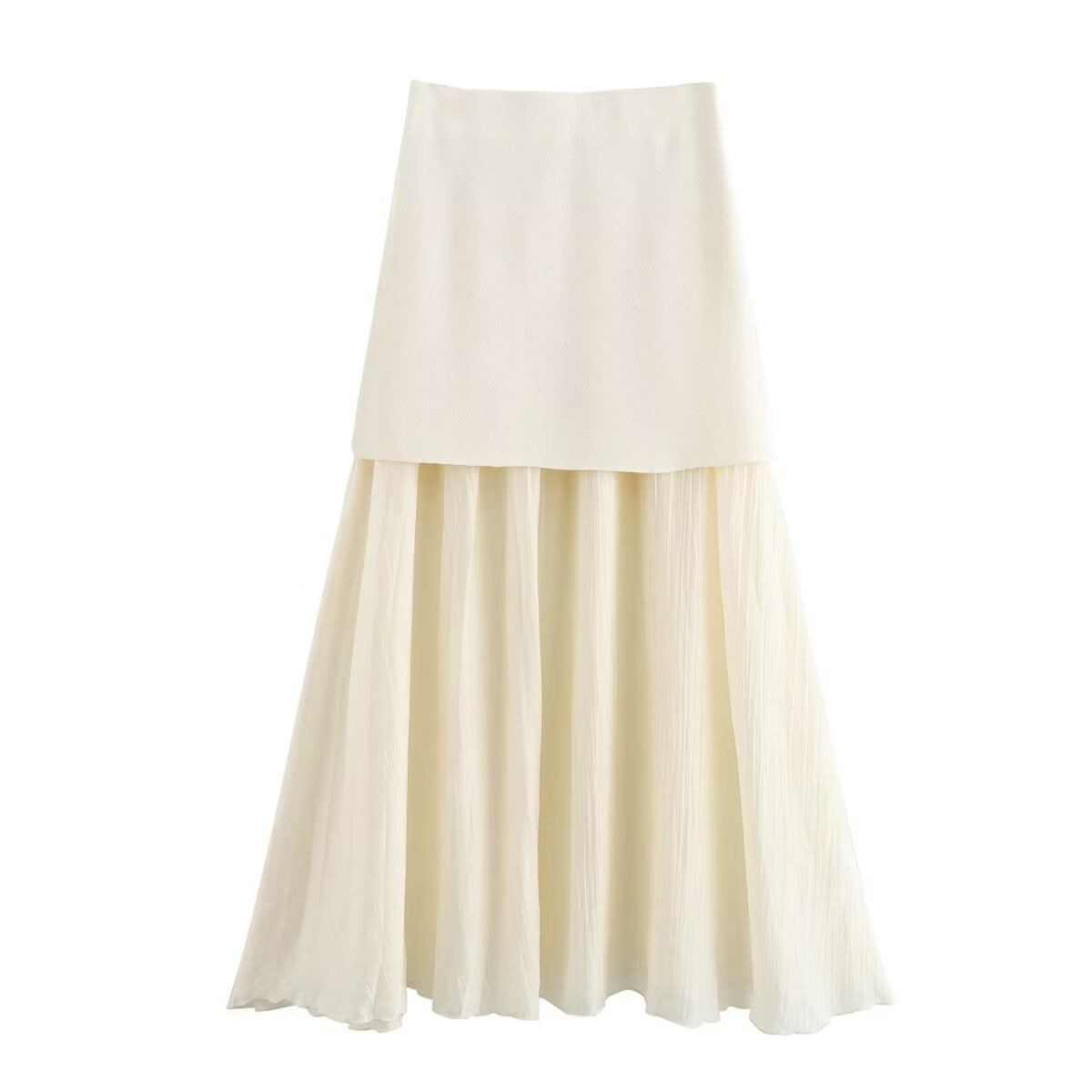 High Waist Panelled Pleated Midi Skirt - Beige