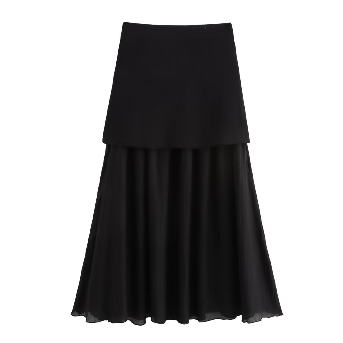 High Waist Panelled Pleated Midi Skirt - Black