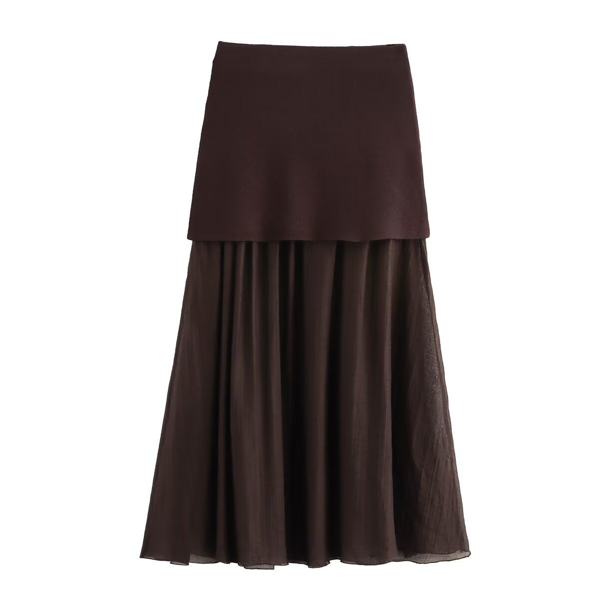 High Waist Panelled Pleated Midi Skirt - Coffee