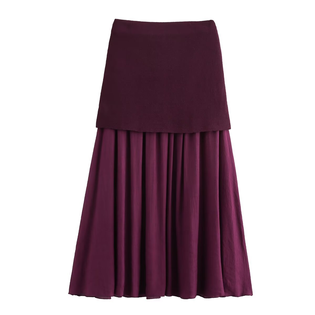 High Waist Panelled Pleated Midi Skirt - Red