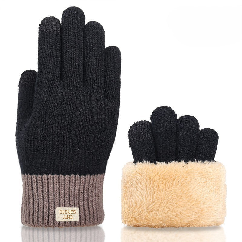 Plush Lined Two Tone Knit Gloves - A_Black