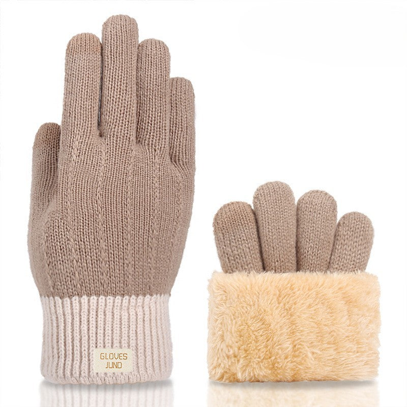 Plush Lined Two Tone Knit Gloves - A_Khaki