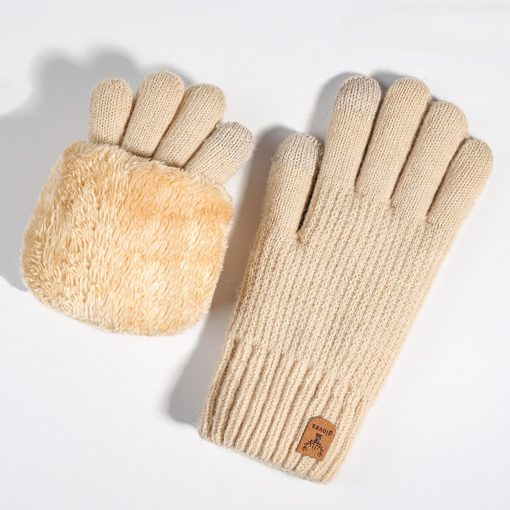 Plush Lined Two Tone Knit Gloves - Beige