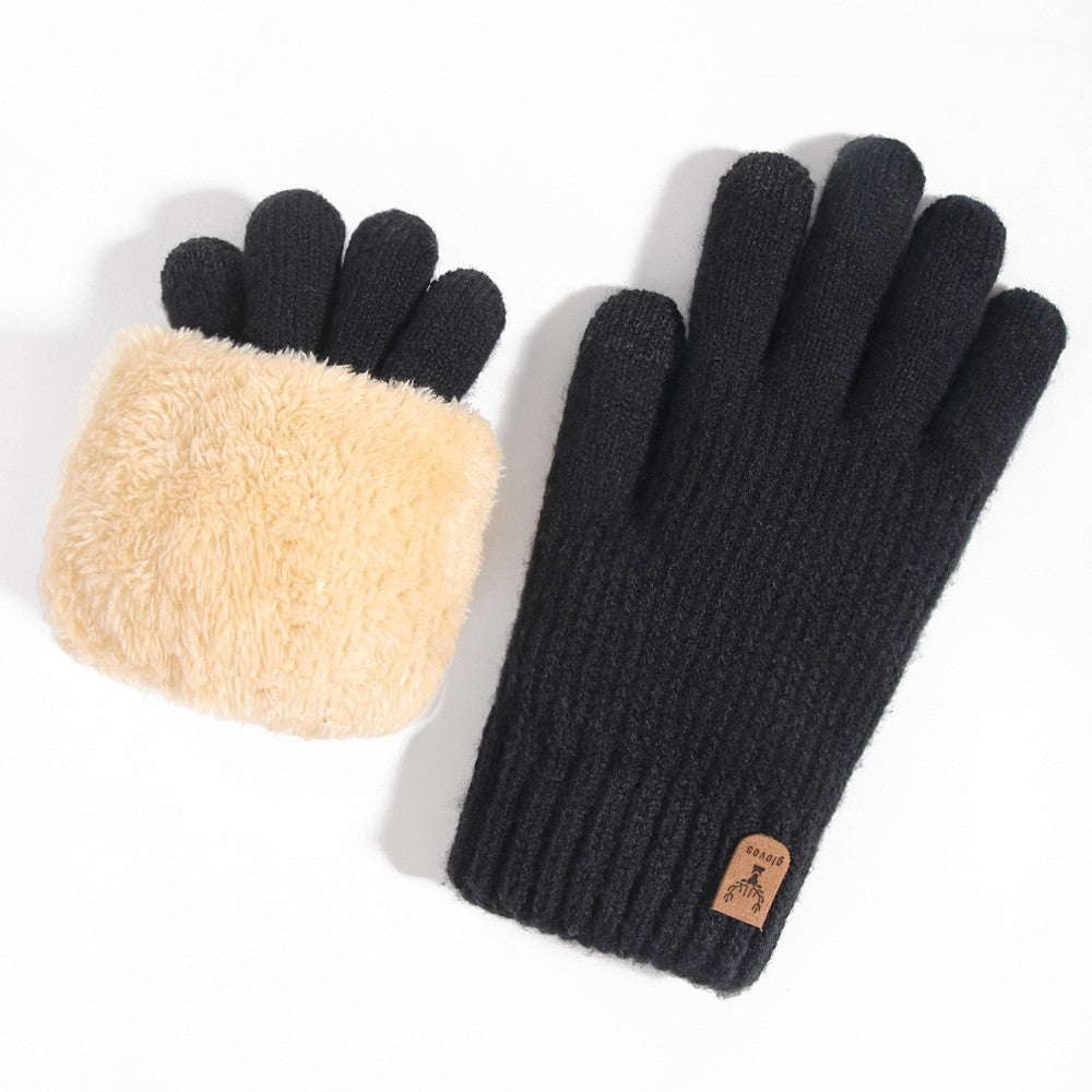 Plush Lined Two Tone Knit Gloves - Black