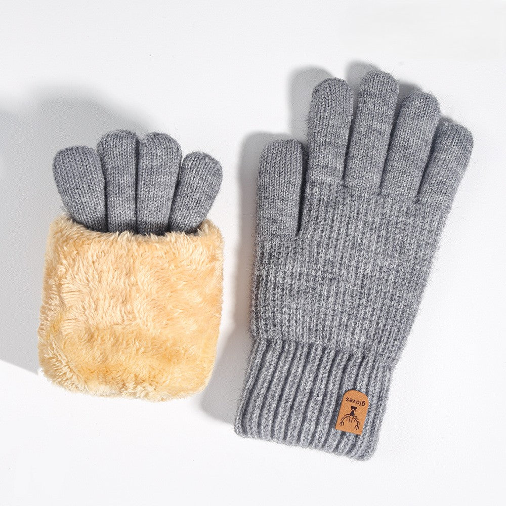Plush Lined Two Tone Knit Gloves - Grey