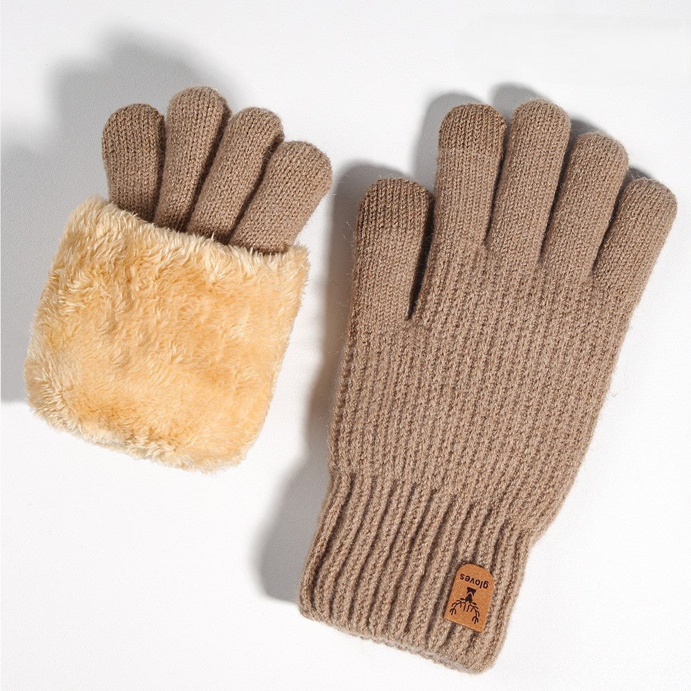 Plush Lined Two Tone Knit Gloves - Khaki