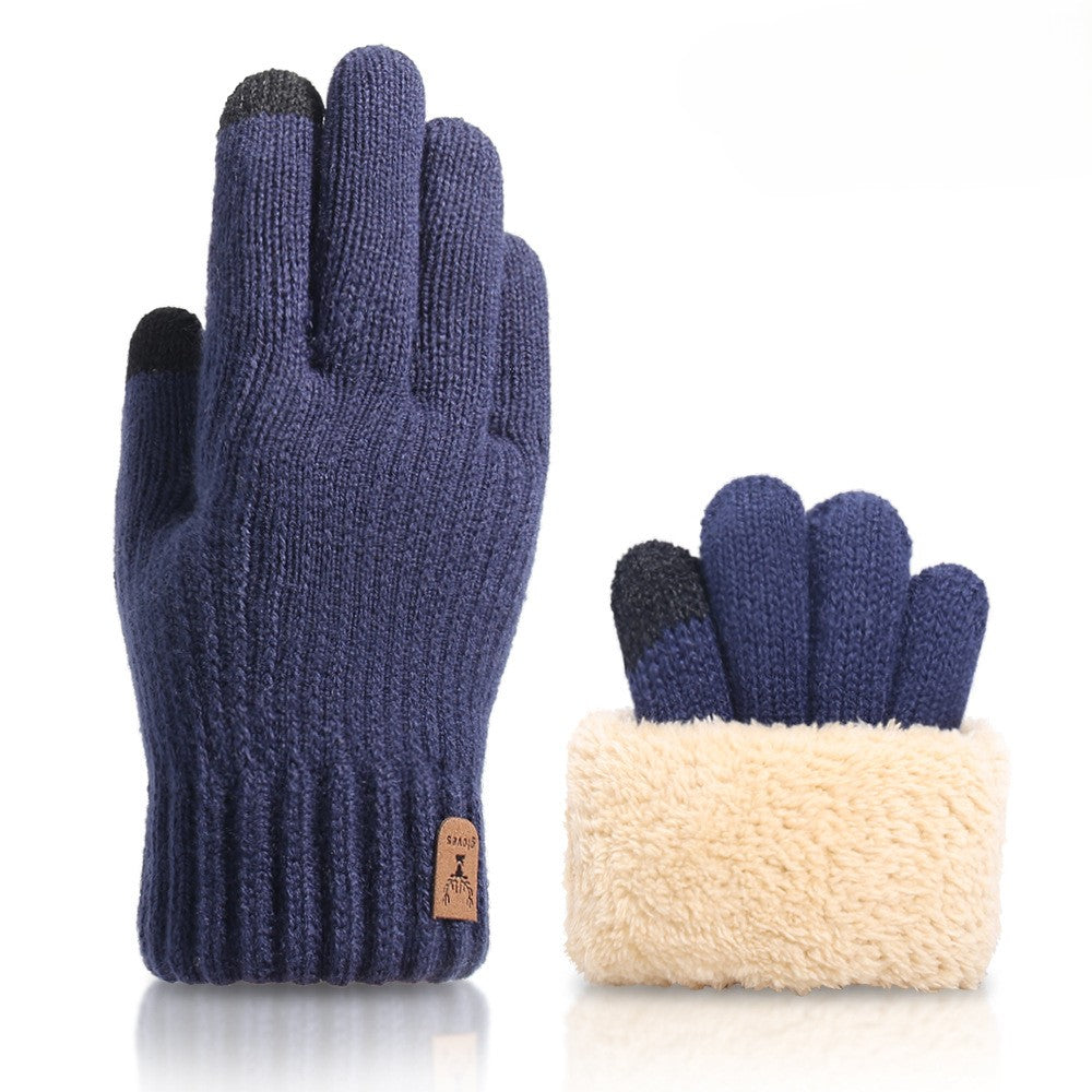 Plush Lined Two Tone Knit Gloves - Navy