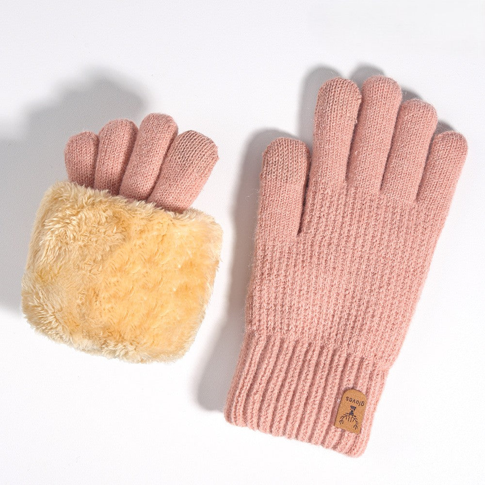 Plush Lined Two Tone Knit Gloves - Pink