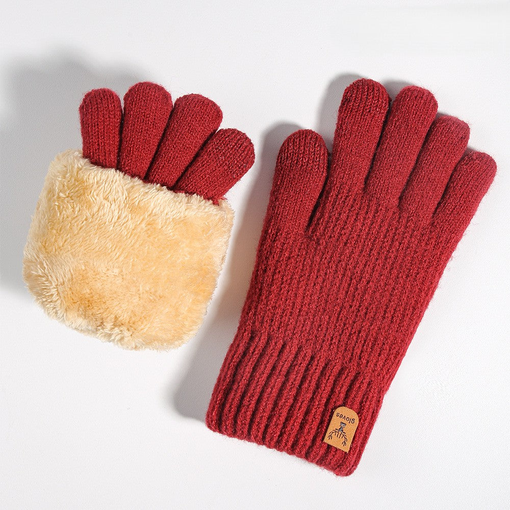 Plush Lined Two Tone Knit Gloves - Red