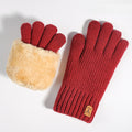 Plush Lined Two Tone Knit Gloves - Red