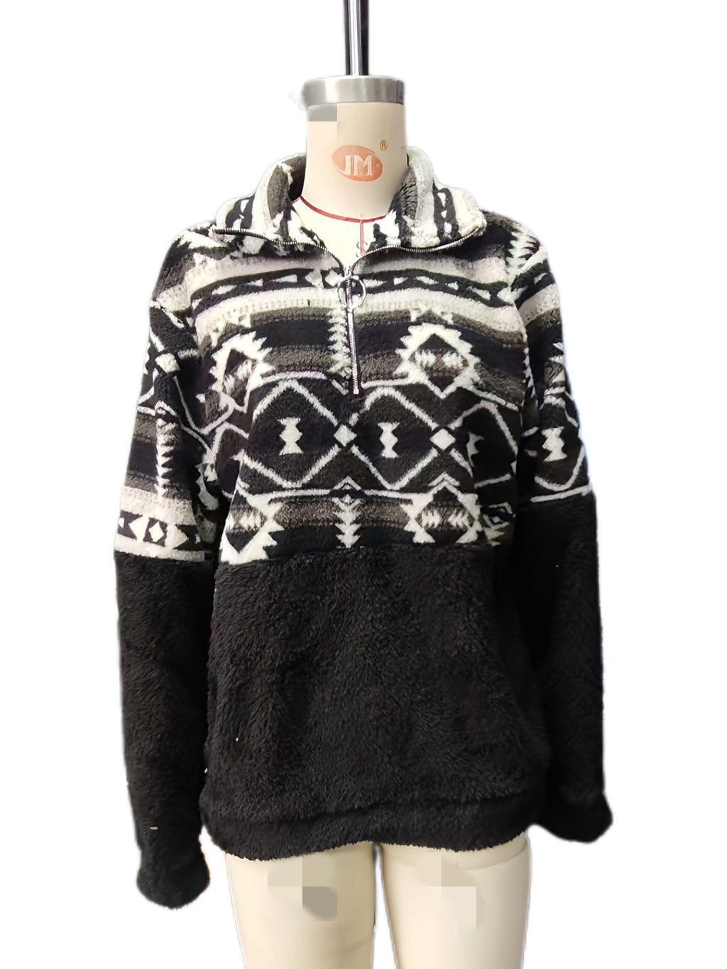Aztec Sherpa Half Zip Pullover Sweatshirt - Black