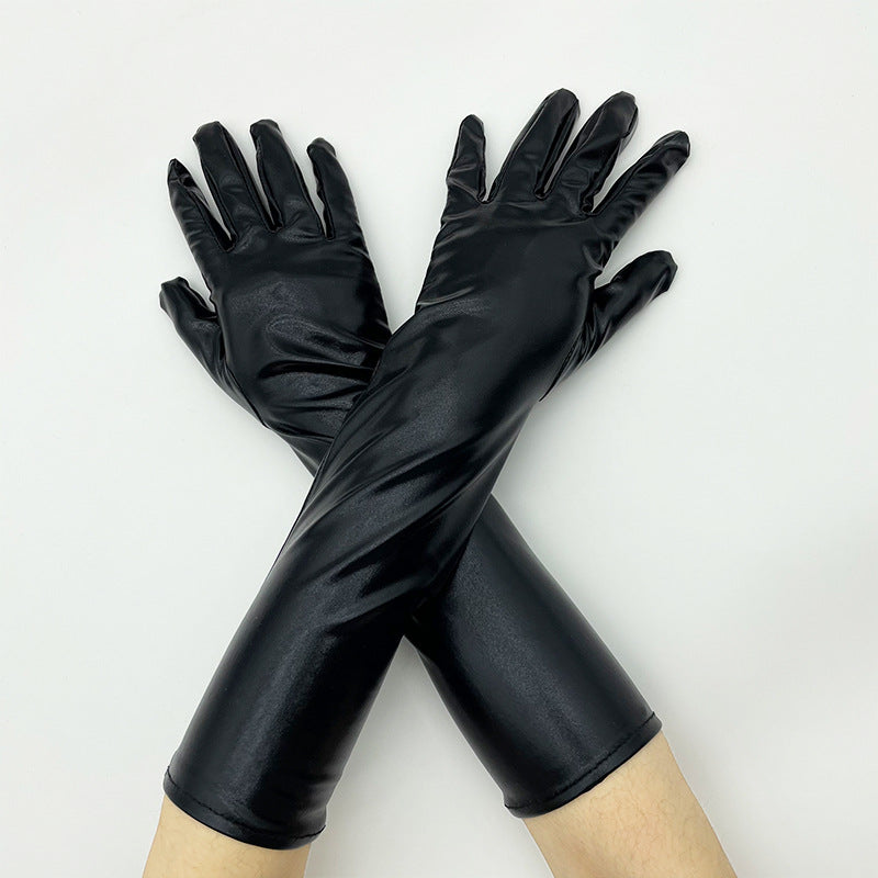 Shiny Stretch Elbow Length Gloves - Black