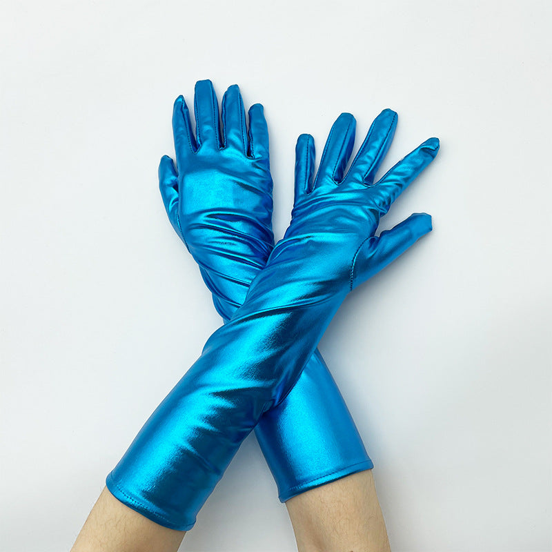 Shiny Stretch Elbow Length Gloves - Blue
