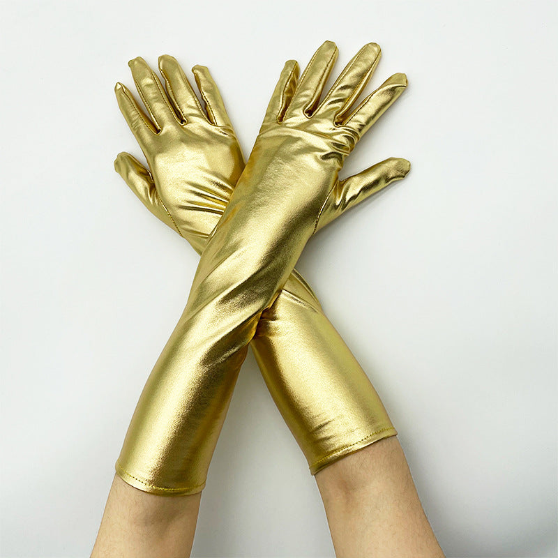 Shiny Stretch Elbow Length Gloves - Golden