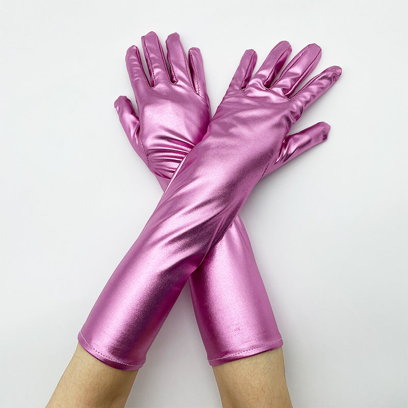 Shiny Stretch Elbow Length Gloves - Pink