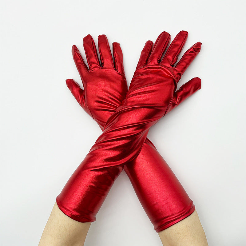 Shiny Stretch Elbow Length Gloves - Red