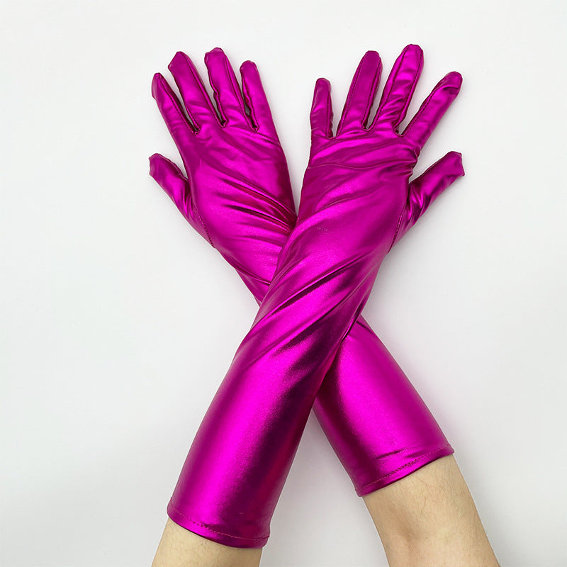 Shiny Stretch Elbow Length Gloves - RoseRed