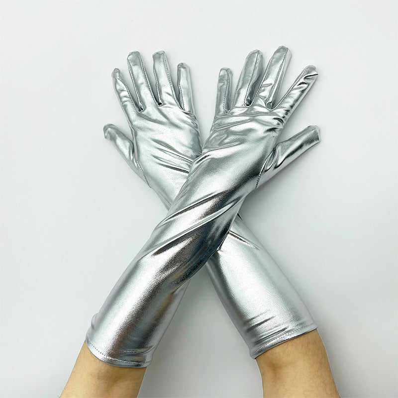 Shiny Stretch Elbow Length Gloves - Silvery