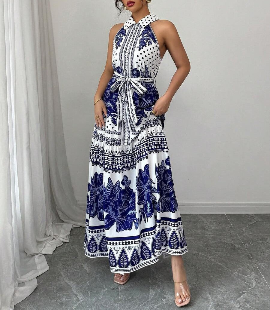 Halter Neck Border Print Maxi Dress - Blue