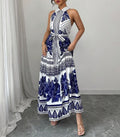 Halter Neck Border Print Maxi Dress - Blue