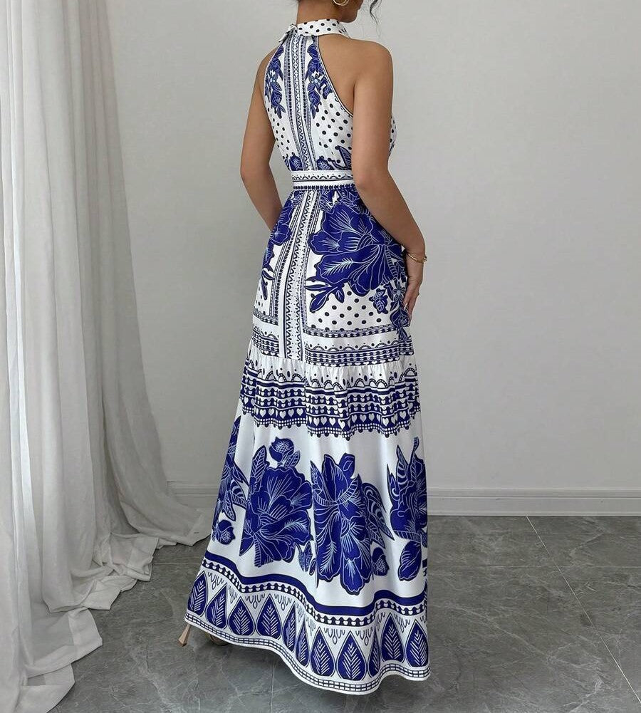 Halter Neck Border Print Maxi Dress - Blue - 1