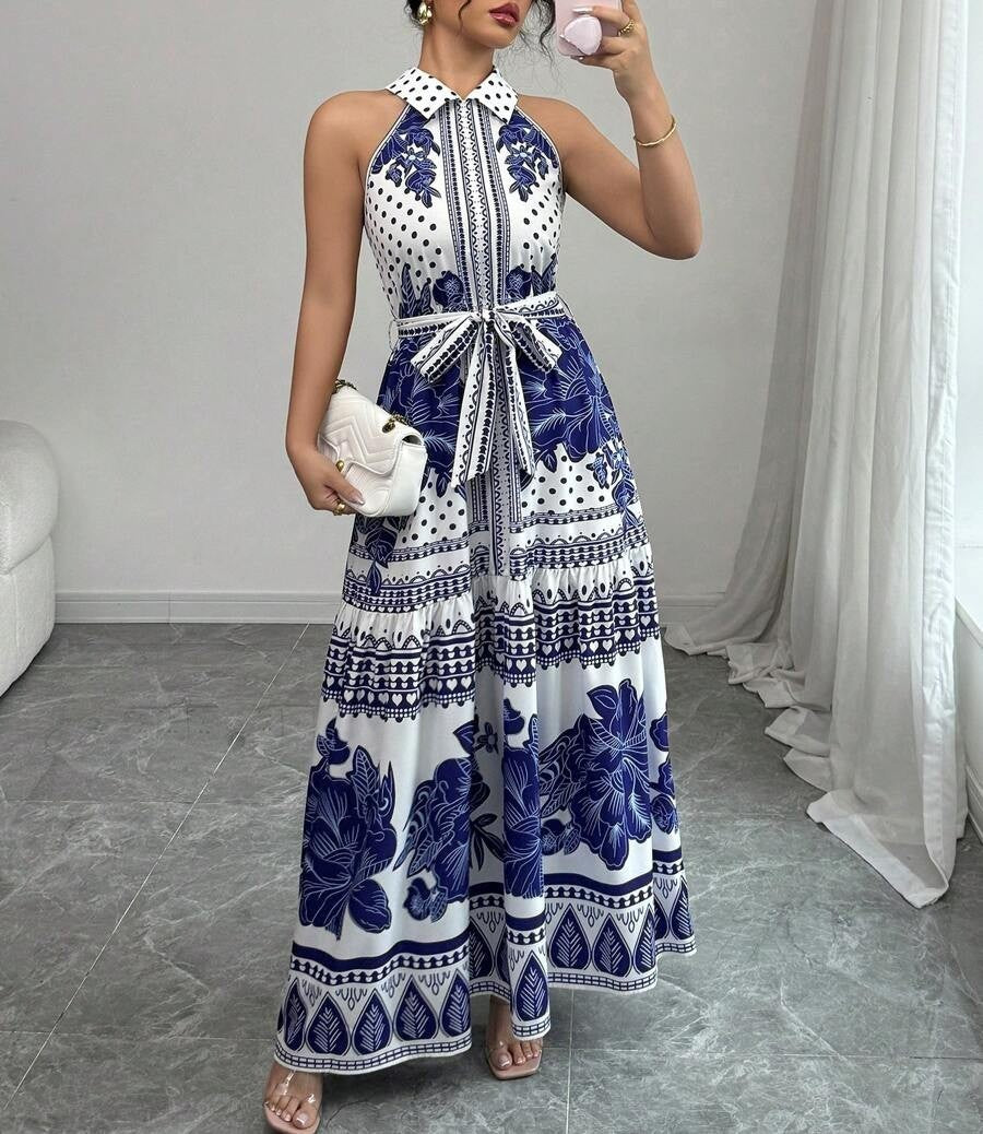 Halter Neck Border Print Maxi Dress - Blue - 2