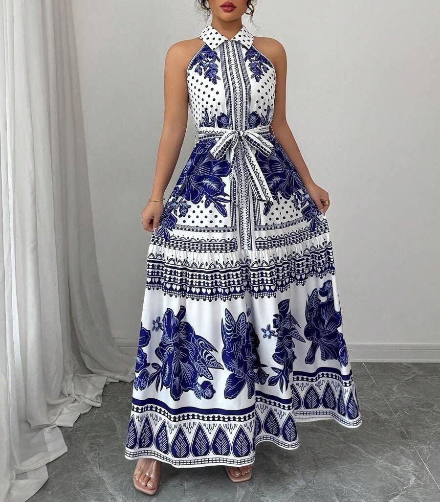 Halter Neck Border Print Maxi Dress