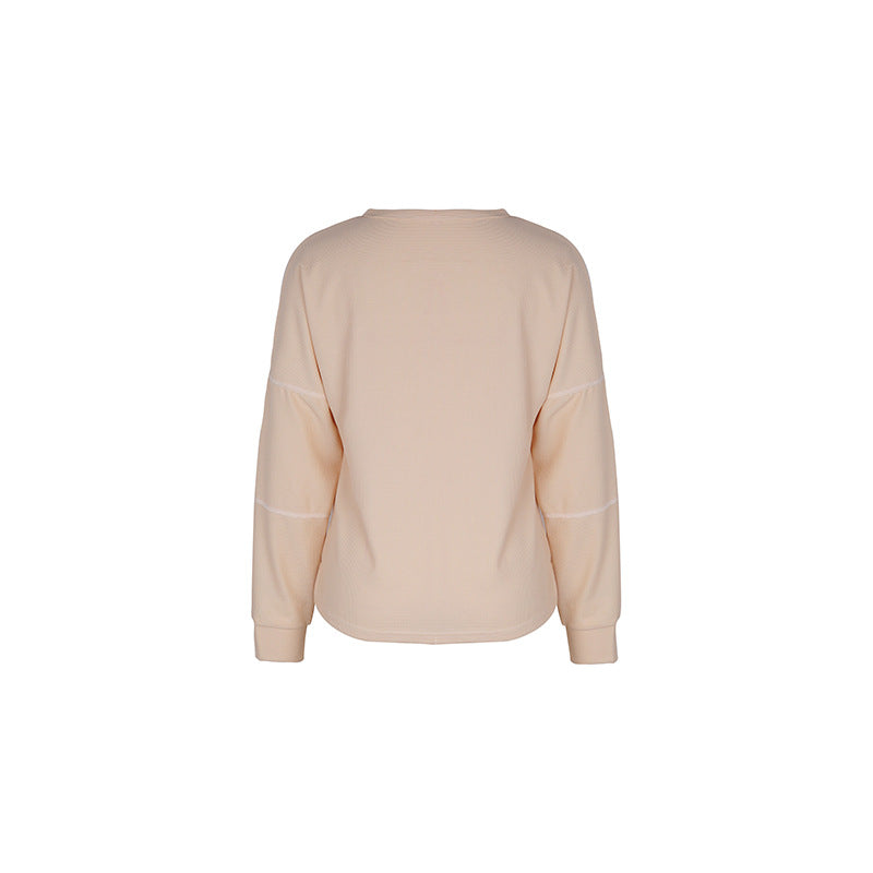 Waffle Texture Henley Long Sleeve Top - Beige - 2