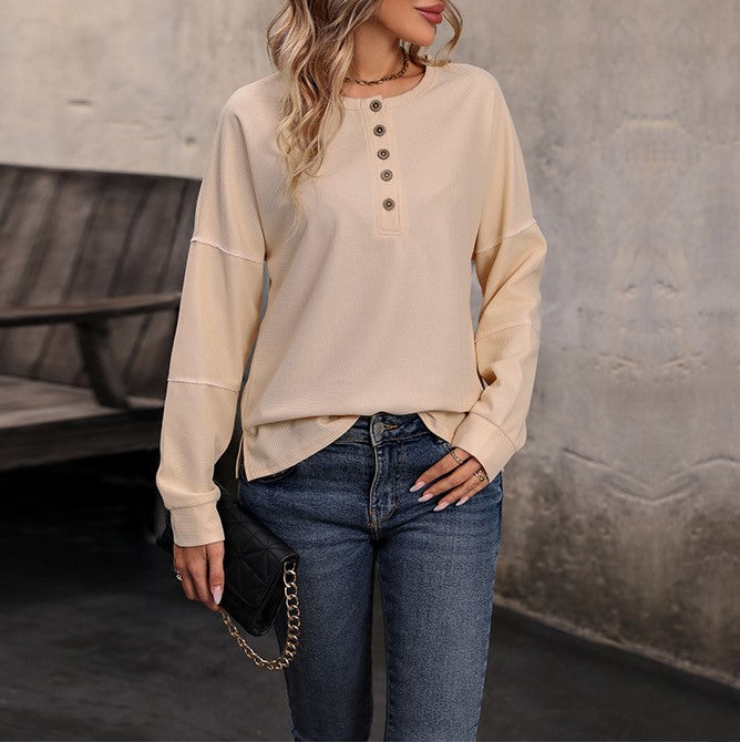 Waffle Texture Henley Long Sleeve Top - Beige - 4